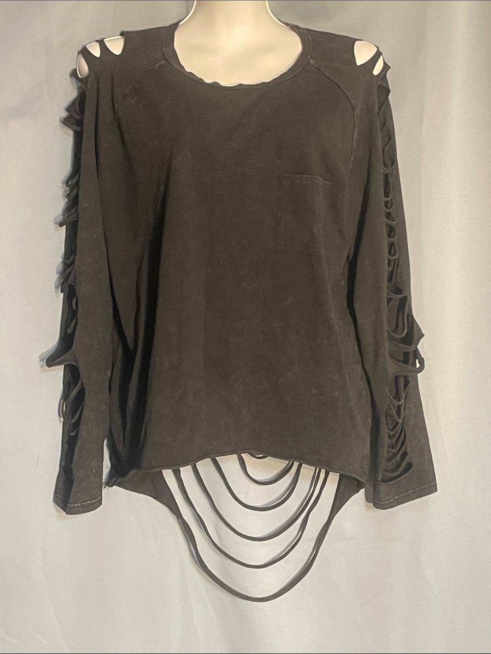 Women’s Black Distressed Ladder-Back Long Sleeve Top